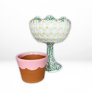 Decorative ice cream-themed planter with a pink base and green top on a white background Vintage hand-painted milk glass eco friendly small business handpainted floral ditsy daisy vintage self watering planter tall tower unique Disney planter Rapunzel floral vines dopamine coquette whimsical girly planter pot set kawaii self-watering planter pot upcycled retro Disney one-of-a-kind made in USA 
