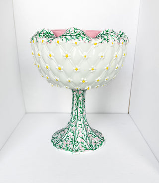 Vintage hand-painted milk glass eco friendly small business handpainted floral ditsy daisy vintage self watering planter tall tower unique Disney planter Rapunzel floral vines dopamine coquette whimsical girly planter pot set kawaii self-watering planter pot upcycled retro Disney one-of-a-kind made in USA 
