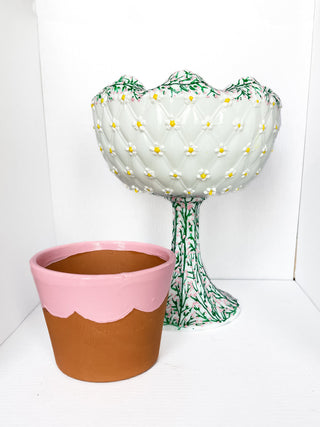 Vintage hand-painted milk glass eco friendly small business handpainted floral ditsy daisy vintage self watering planter tall tower unique Disney planter Rapunzel floral vines dopamine coquette whimsical girly planter pot set kawaii self-watering planter pot upcycled retro Disney one-of-a-kind made in USA 
