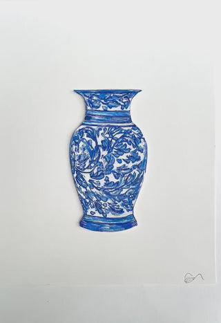Blue and white ceramic vase on a white background curved leaf hand-drawn hand-painted print art prints affordable artwork artist made painted accents canvas paper blue & white ceramics chinoiserie vases ginger jar traditional decor Unframed Chinese pottery floral design trad grand millennial watercolor paper ready to frame elegance 