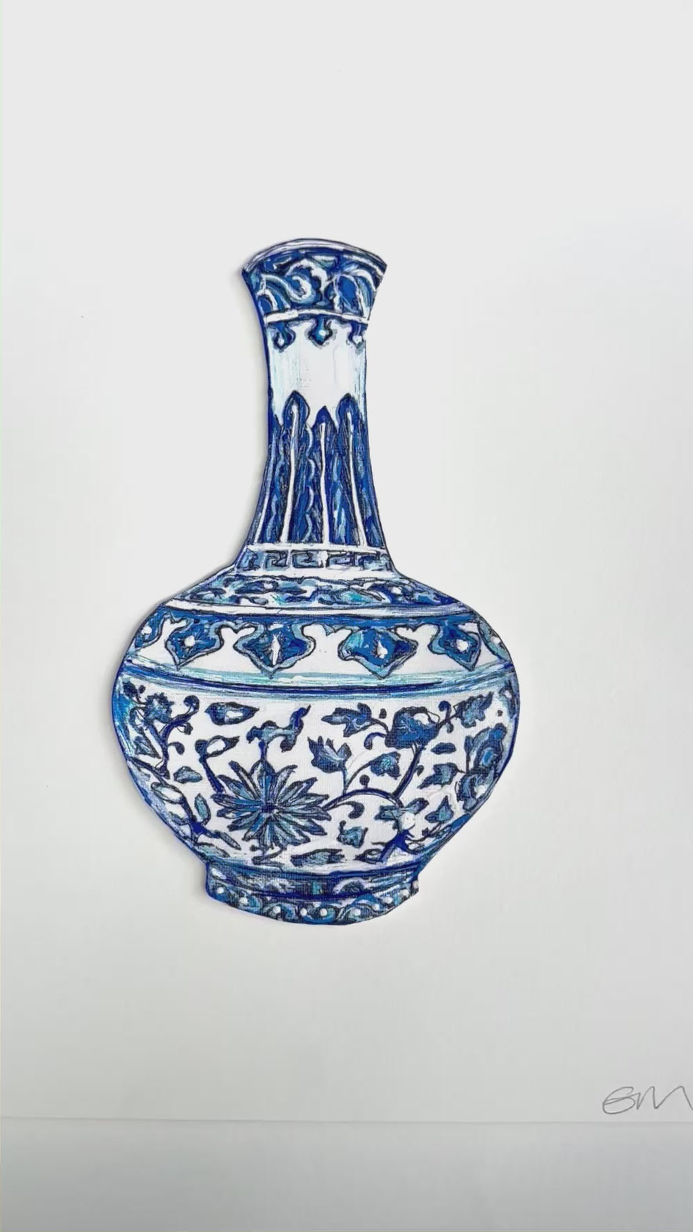 Blue and white ceramic vase on a white background curved leaf hand-drawn hand-painted print art prints affordable artwork artist made painted accents canvas paper blue & white ceramics chinoiserie vases ginger jar traditional decor Unframed Chinese pottery floral design trad grand millennial watercolor paper ready to frame elegance 