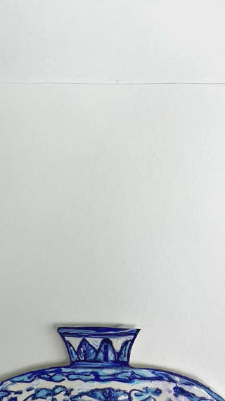 Blue and white ceramic vase on a white background curved leaf hand-drawn hand-painted print art prints affordable artwork artist made painted accents canvas paper blue & white ceramics chinoiserie vases ginger jar traditional decor Unframed Chinese pottery floral design trad grand millennial watercolor paper ready to frame elegance 