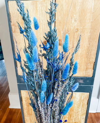 Handmade Bright blue dried flower wedding bouquet unique something blue whimsical preserved floral bouquet with display vase lavender and oat Rustic cottage core artist made small business