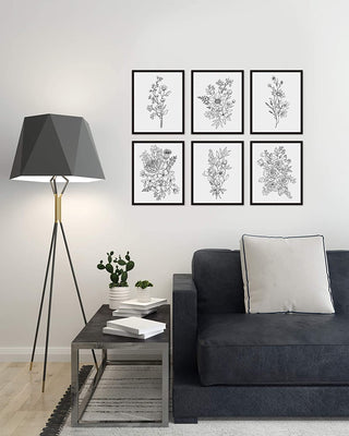 Set of 6 Black and White Minimal Floral Prints