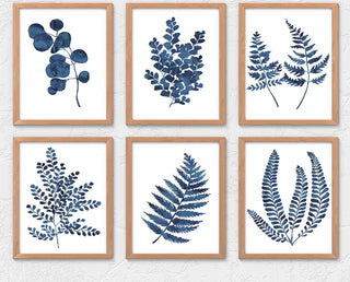 Set of 6 Blue and White Minimal Floral Prints