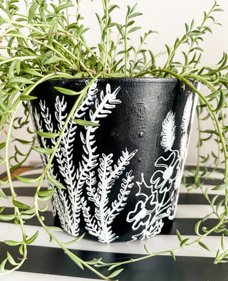 Black and White Wildflower Hand-Painted Ceramic Planter-Medium