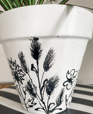 Large Black and White Wildflower Hand-Painted Ceramic Planter